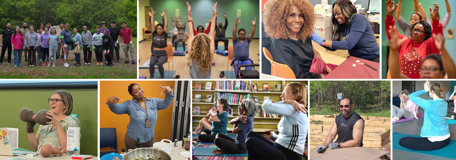 Collage showing people gardening, doing yoga, getting a COVID shot, learning to cook, and learning about breastfeeding.