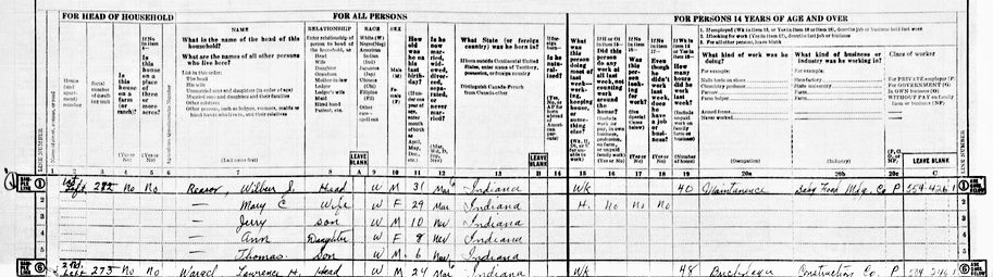 1950 Census info showing families living in Evansville, Indiana