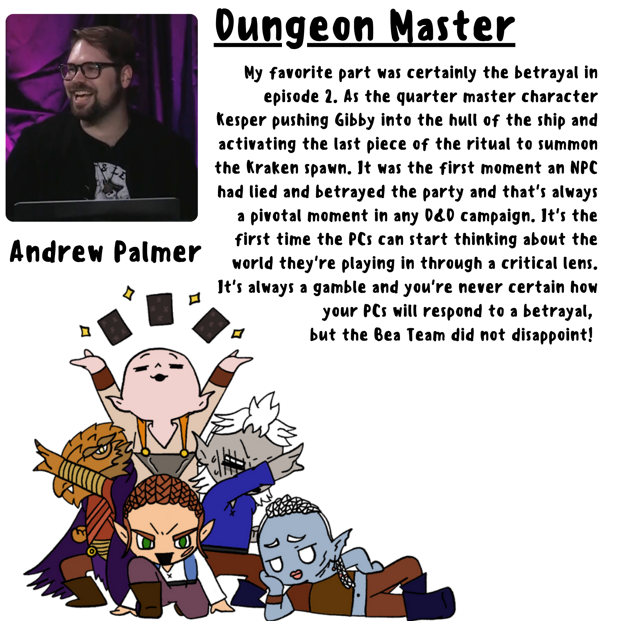 Image 1: Photo of Andrew from the final episode; Image 2: photo of the the entire crew doing a team pose .