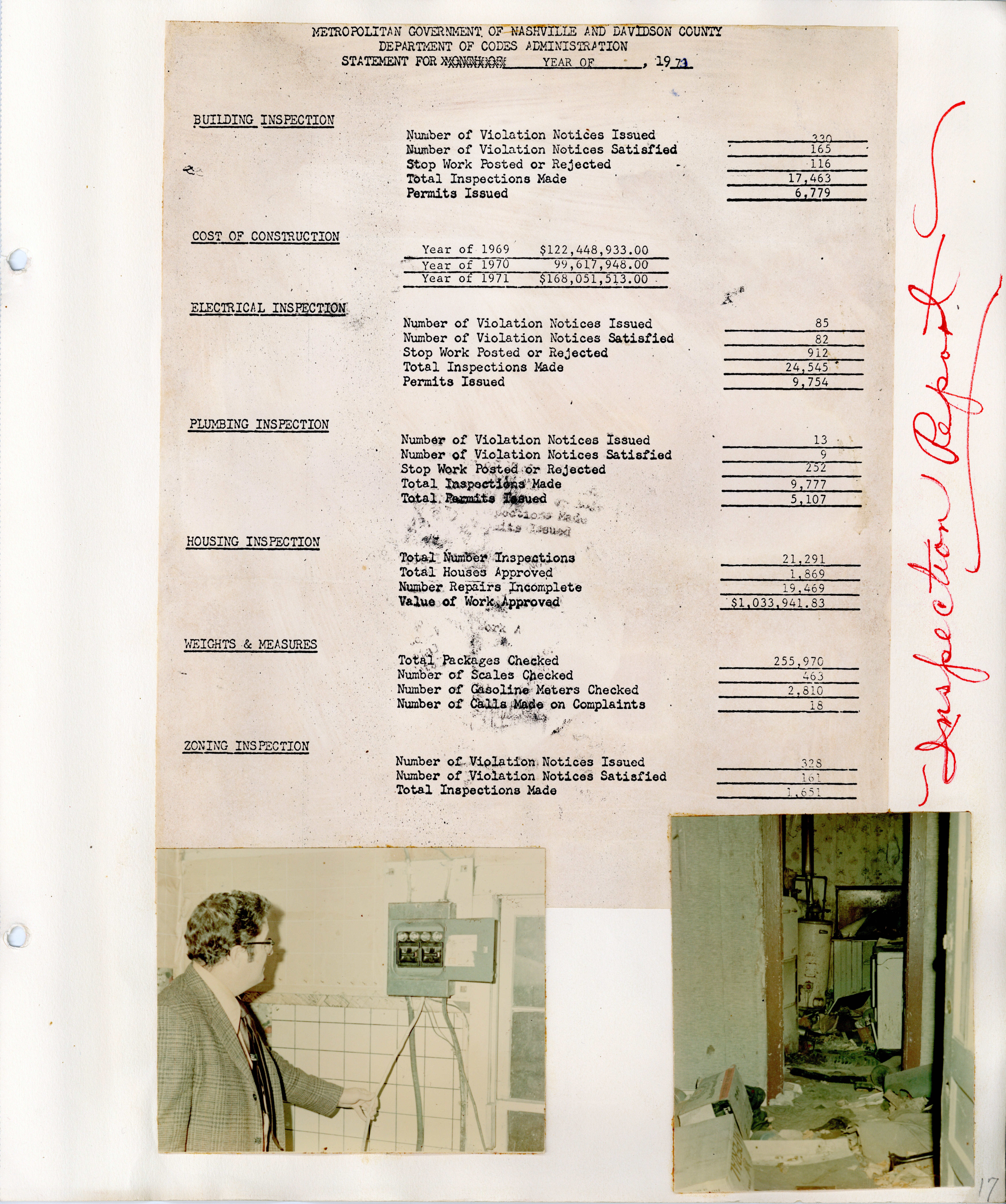 From the 1972 Fire Department scrapbook, inspection statistics for the year.