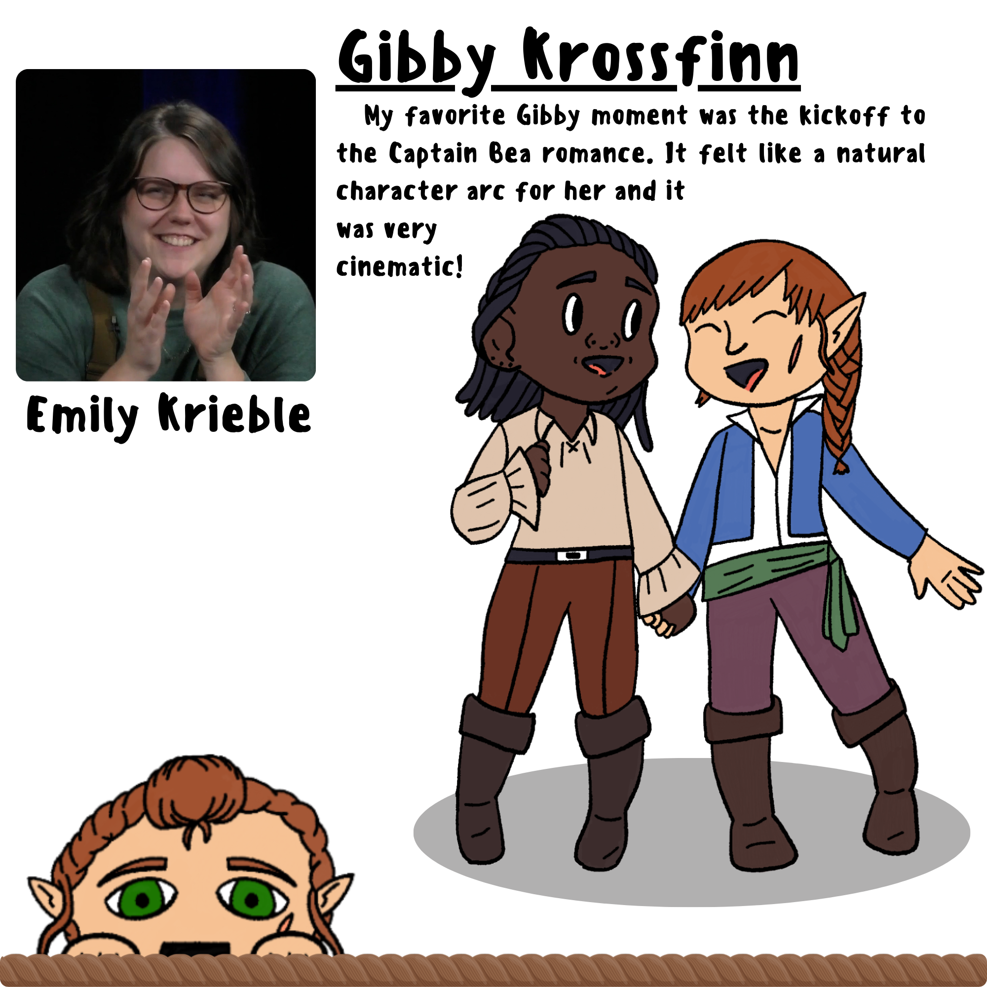 Image 1: Photo of Emily from the final episode; Image 2: illustration of Captain Bea and Gibby 
