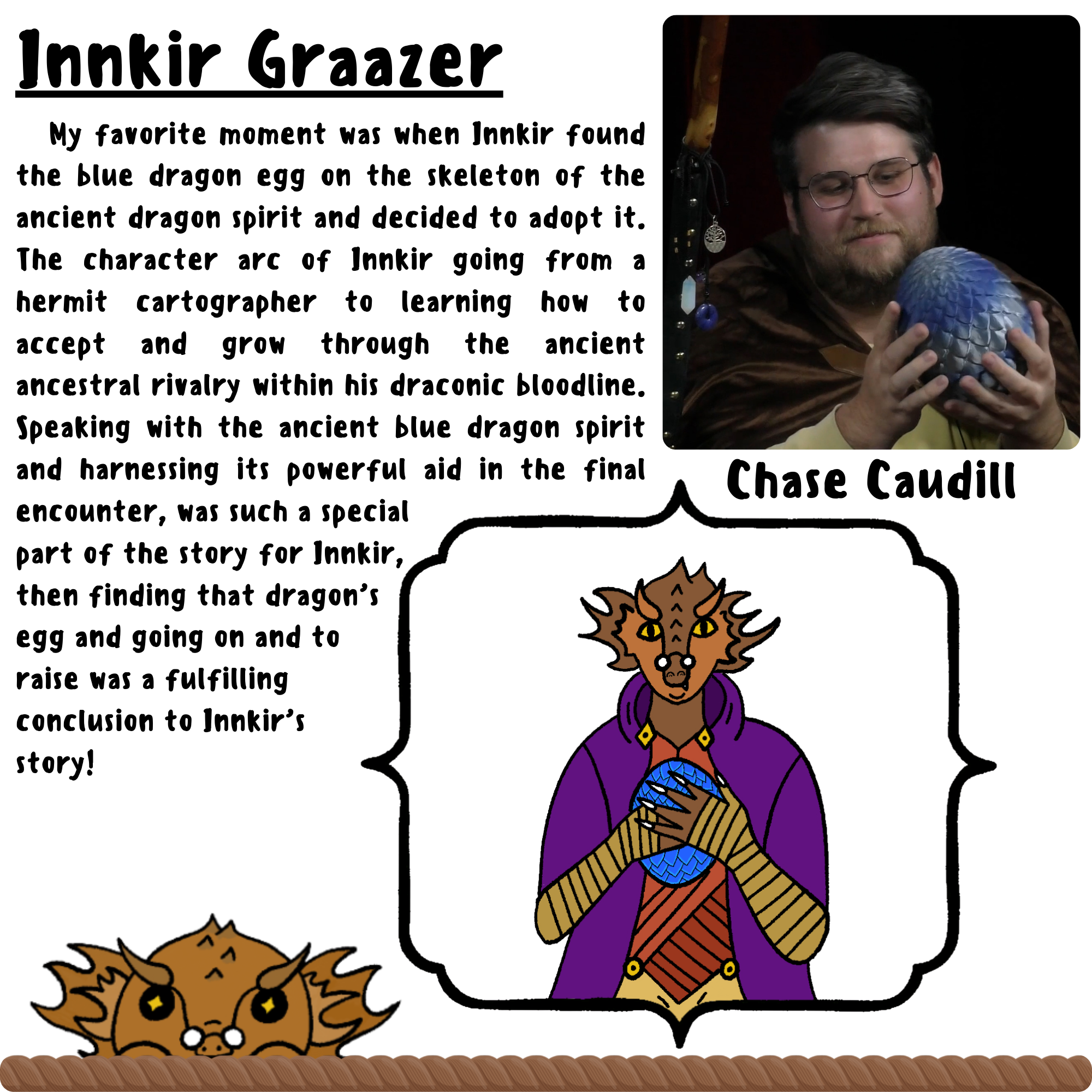 Image 1: Photo of Chase from the last episode of Overdue Adventures; Image 2: Illustration of Innkir Graazer holding a blue dragon egg  
