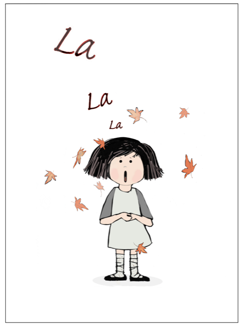 Illustration of protagonist of "La La La" puppet show. Protagonist is young girl with dark hair. 