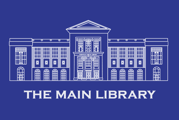 line drawing of NPL's Main Library on a dark blue background