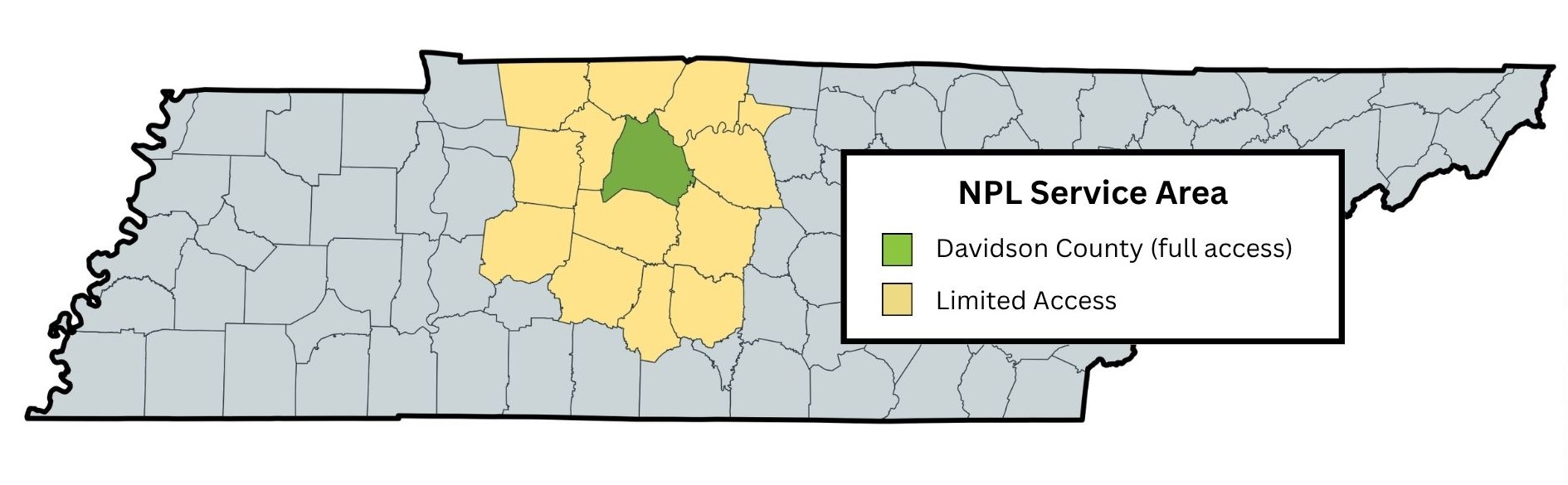Tennessee map showing Davidson County in green and 13 surrounding counties in yellow, indicating NPL service area and access privileges.
