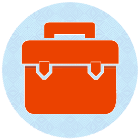Orange briefcase on a light blue background.