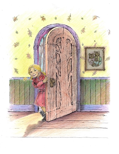 Drawing of a blonde girl peeking through a wooden door.