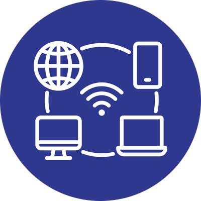 Blue background with white computer icons.