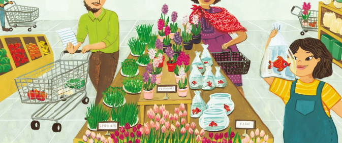 Child in a food market holding a goldfish in a bag