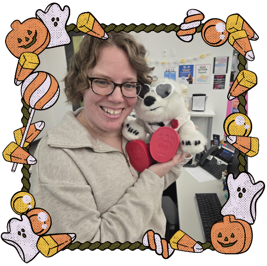 Nikki holding Vanilla, a polar bear