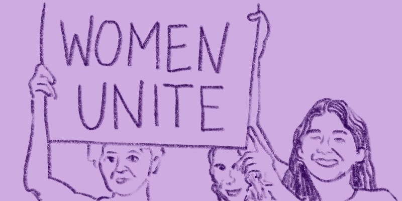 drawing of women holding sign that says Women Unite