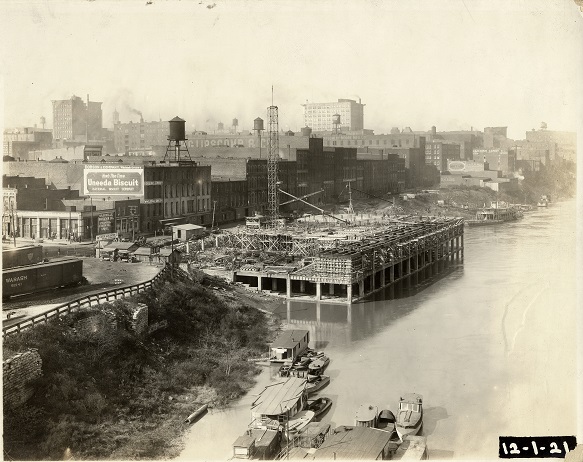 View of the construction of the downtown wharf, circa 1921