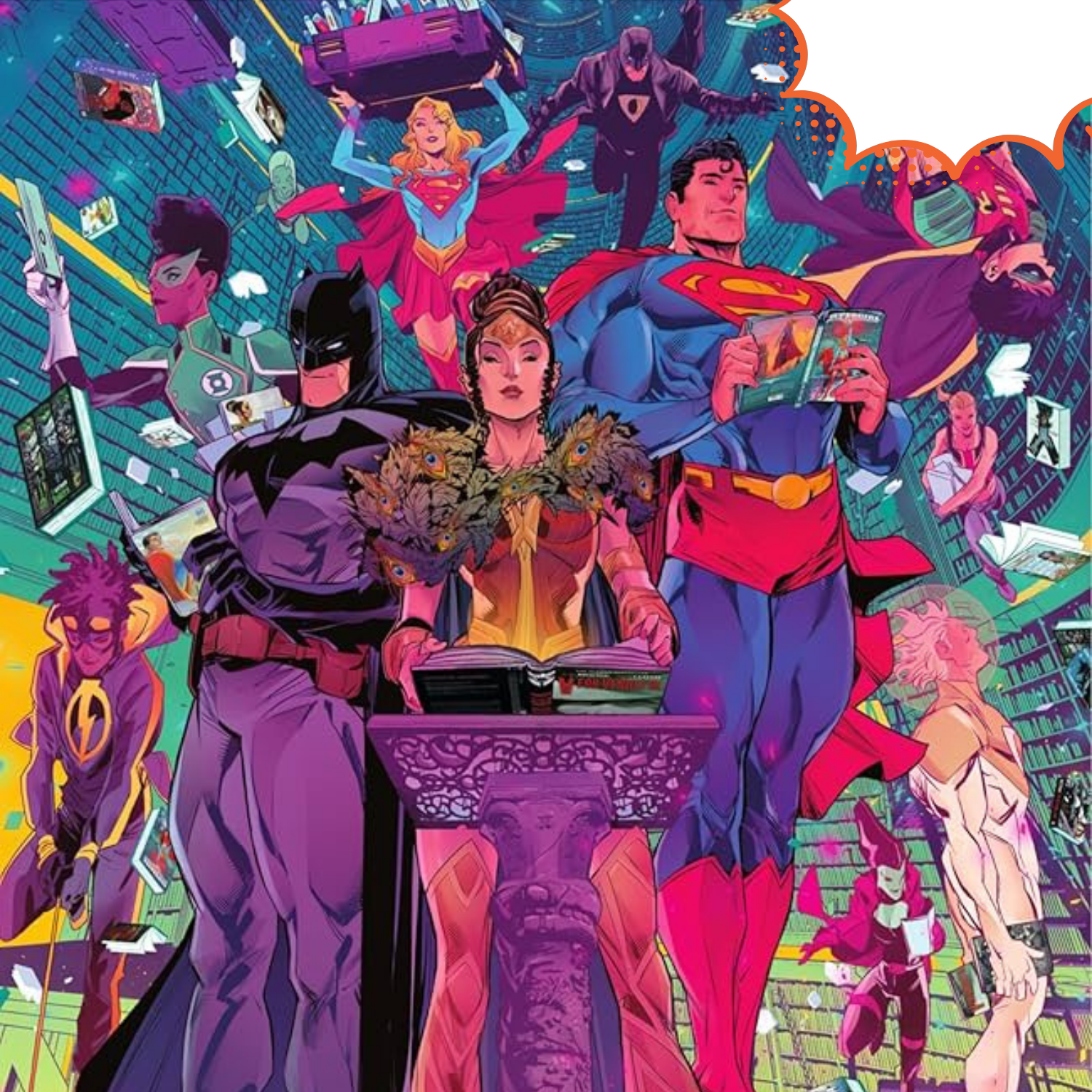 DC Superheroes reading comic books at a library