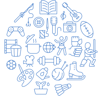 Blue pictorial images of hobby activities on a white background