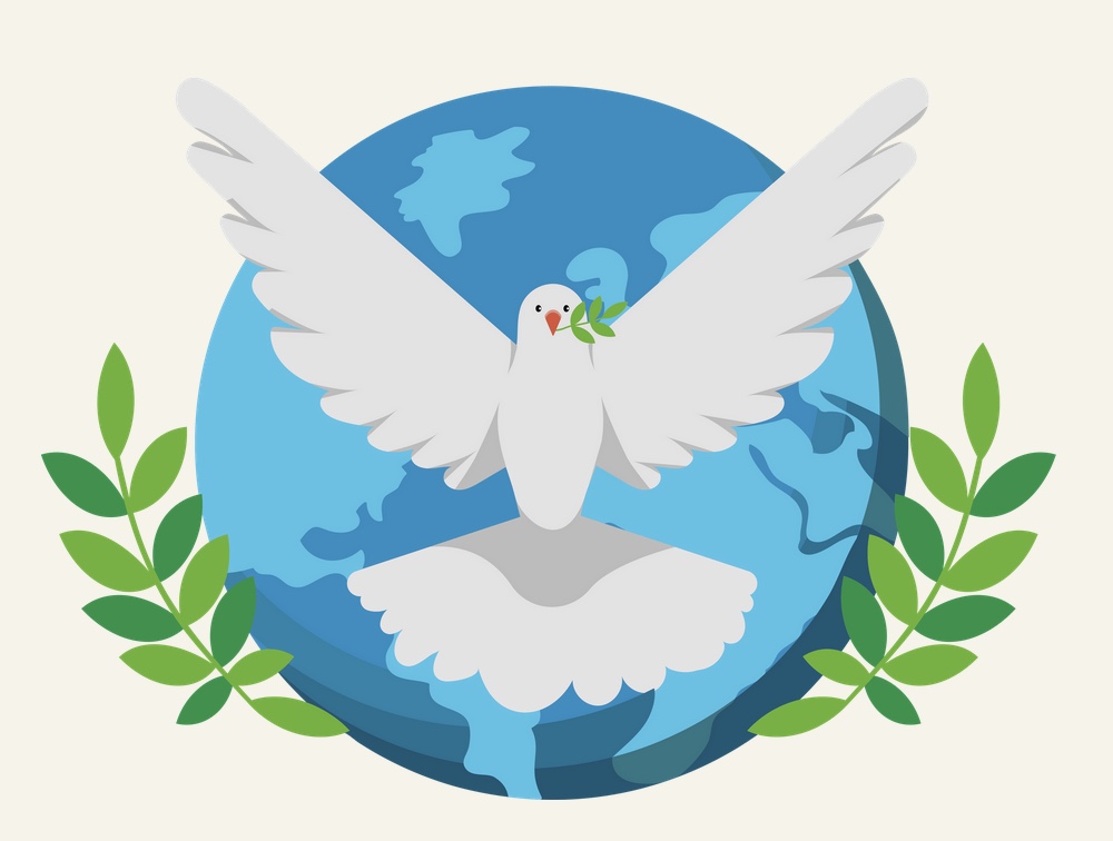 White dove with laurels in front of globe