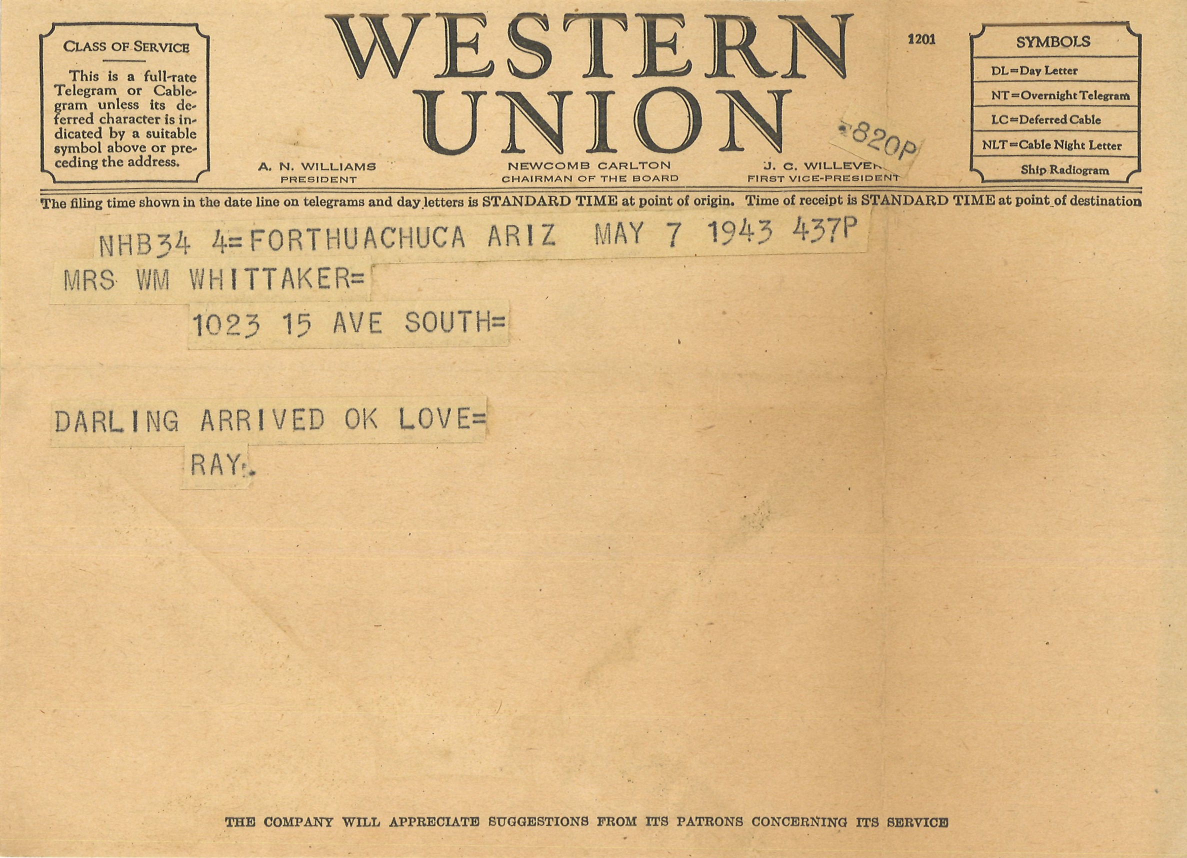 Raymond Whittaker Papers - Telegram from Ray to Jane, May 1943