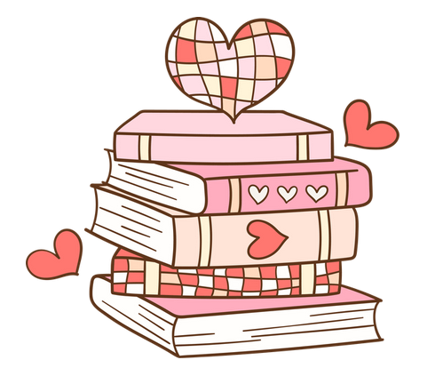 Stack of books with stylized hearts