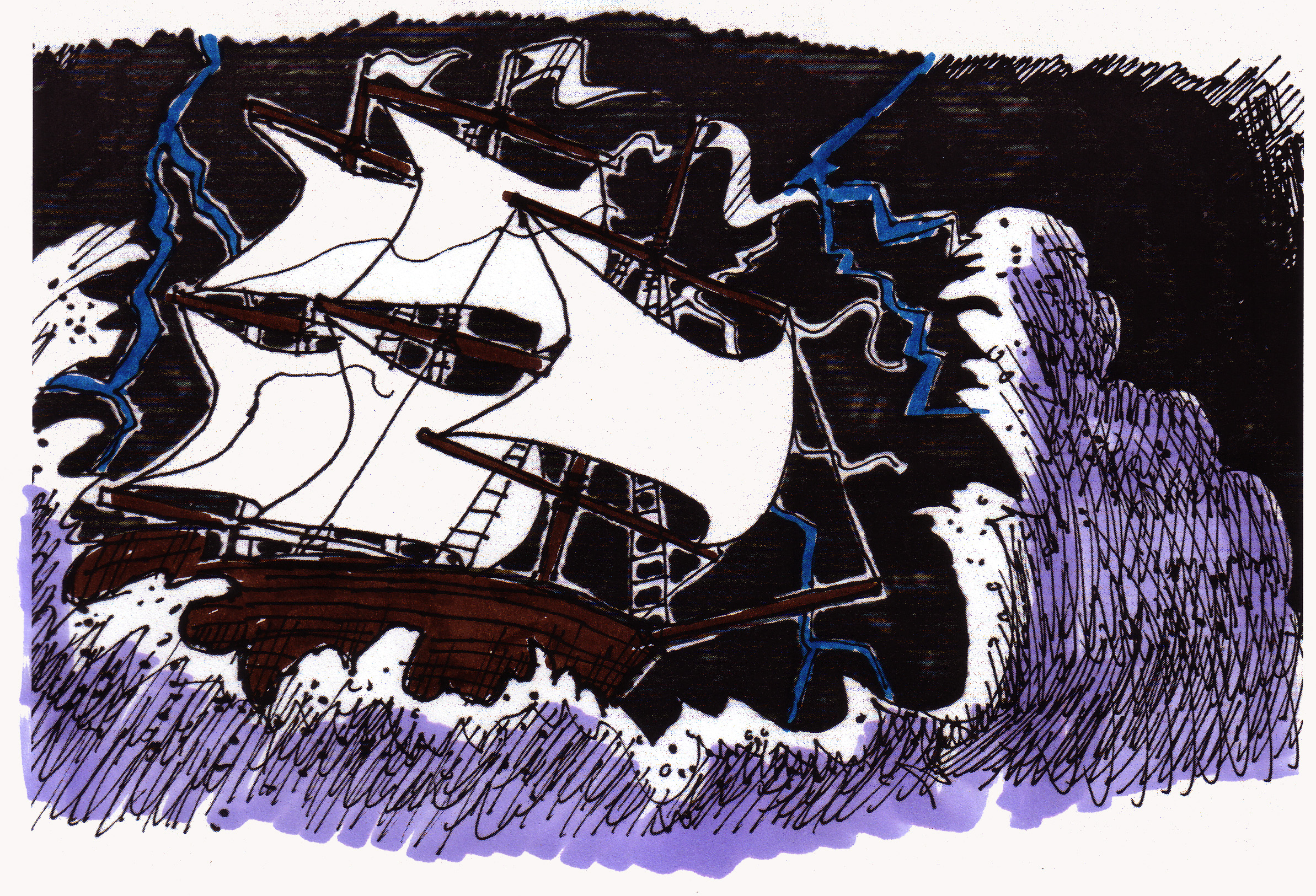 Drawing of storm tossed galleon type ship