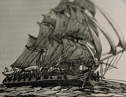 engraving of a ship on the ocean