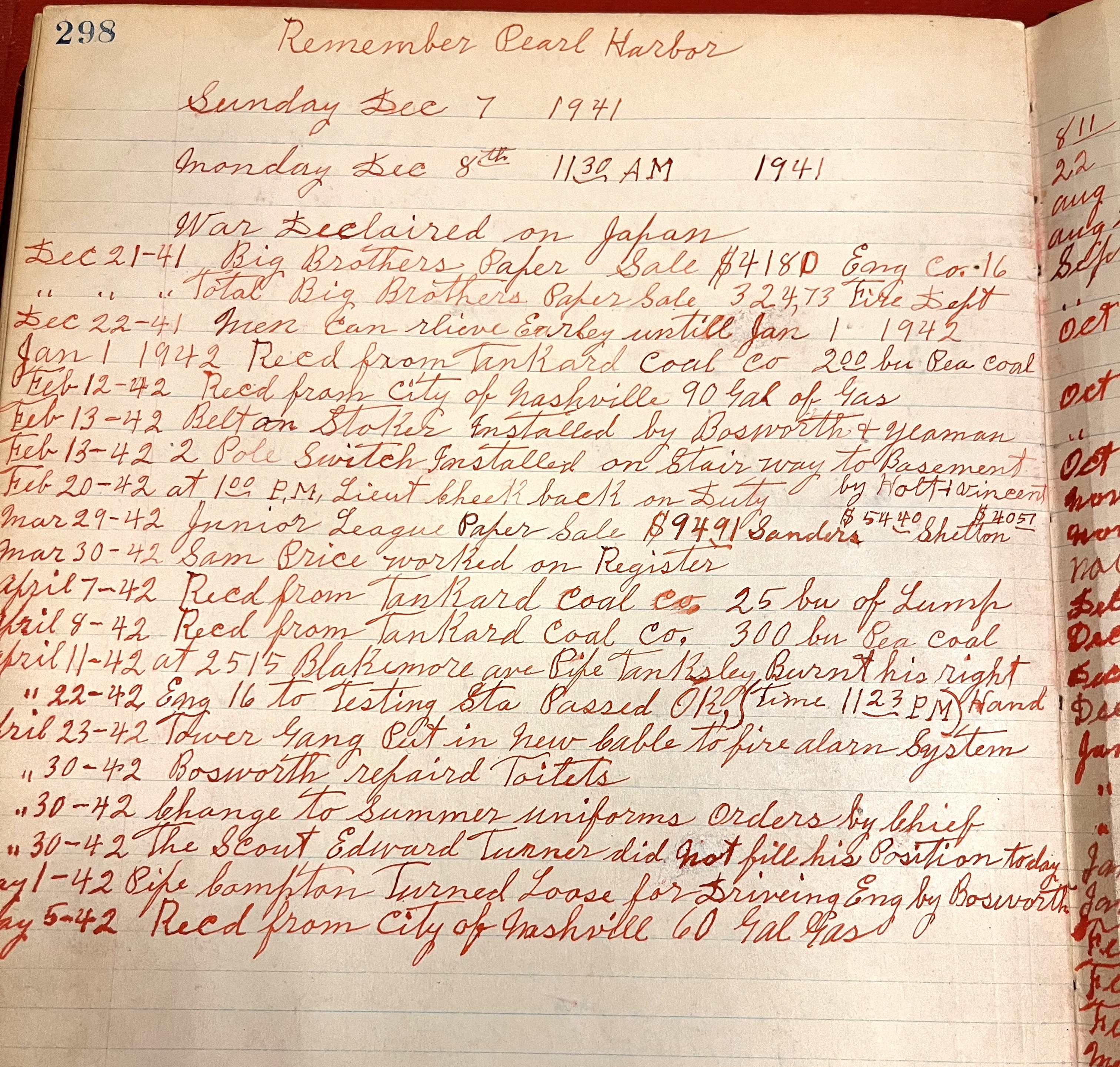 Fire log book from December, 1941