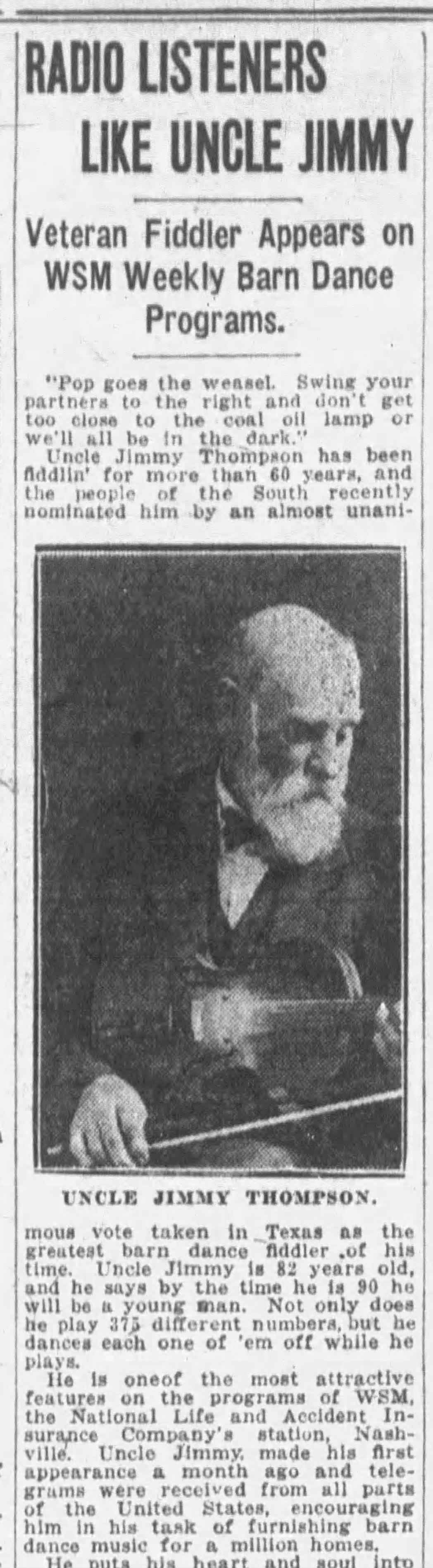 Nashville Banner clipping from December 27th, 1925 featuring a story about Uncle Jimmy Thompson.