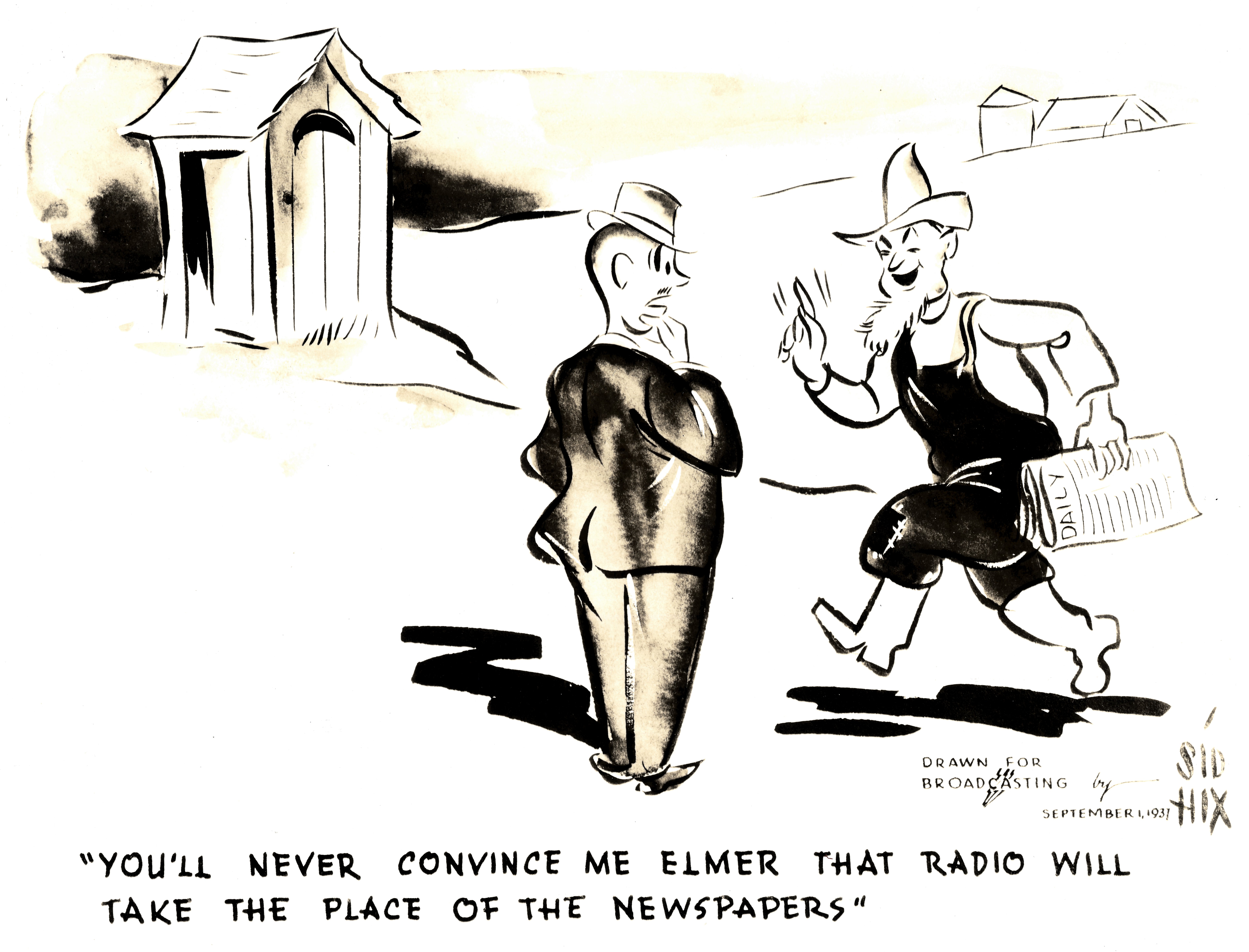 Cartoon from unknown artist sent to Edwin Craig by Sol Taishoff. Cartoon features a joke about radio taking the place of newspapers