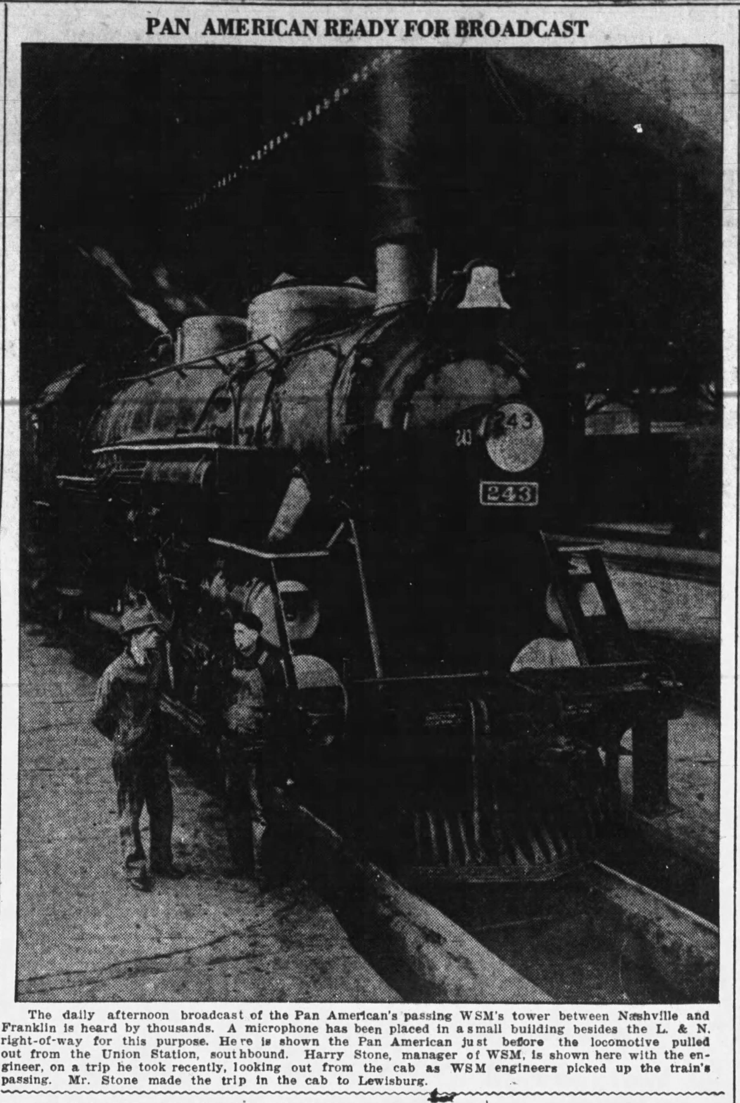 Tennessean clipping about the passing of the Pan American train being broadcasted on WSM