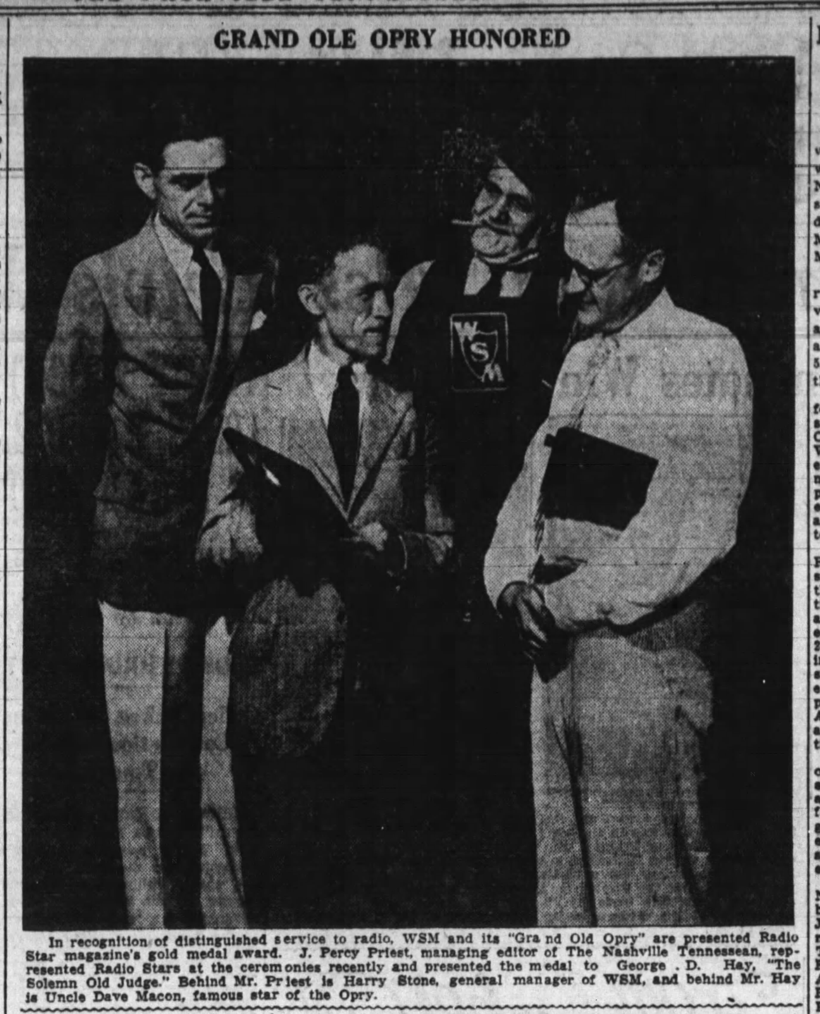 Tennessean news clipping depicting the presentation of the Radio Star's gold medal from J. Percy Priest to George D. Hay, Harry Stone, and Uncle Dave Macon.