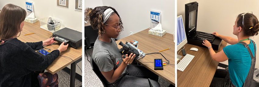 Three women in the Memory Lab digitize negatives and video.