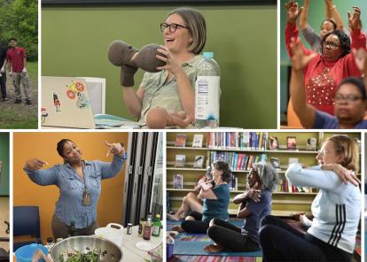 collage showing people doing yoga, planting trees, making salads, and learning about breastfeeding