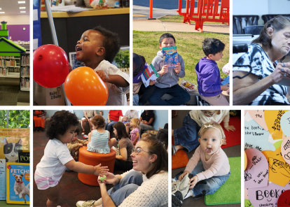 Photo collage of people at library programs.