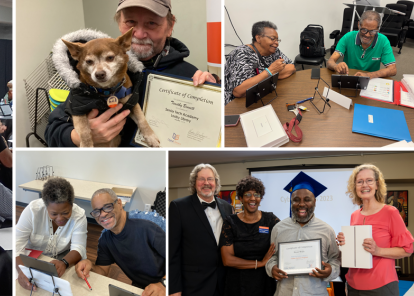 Collage image showing older adults learning technology in a group or in pairs, and graduating from the tech program.