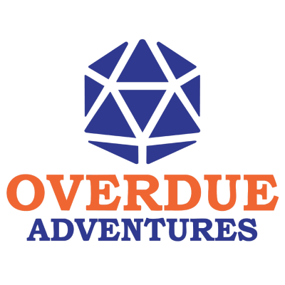 A D20 Dice with the text Overdue Adventures