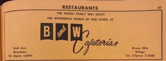 Ad for the B & W Cafeteria in the 1962 City Directory