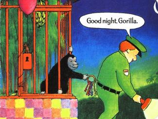 Gorilla reaches for Officer Buckle's keychain while Officer Buckle says "Good night, Gorilla".