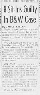 Tennessean clipping from March 10th, 1963 after the 8 students were found guilty in the sit-in case