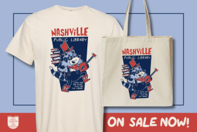 T-shirt and tote bag with illustration of a raccoon with books and guitar. Text at bottom: On sale now!