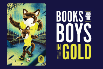 Nashville SC card design featuring Tempo, NSC mascot. Text at right of image reads "Books and the Boys in Gold"