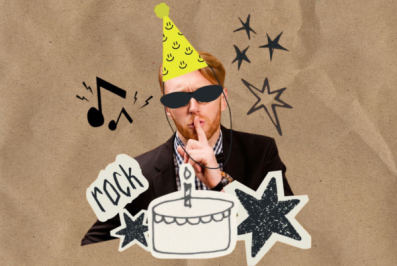 Man wearing a party hat and sunglasses with birthday cake, stars, and music note illustrations surrounding him. His hand is in a shushing gesture over his mouth.