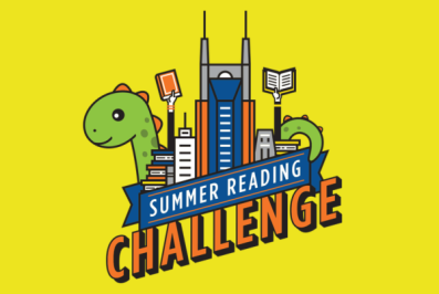 Summer reading logo featuring Nashville skyline with green dinosaur.