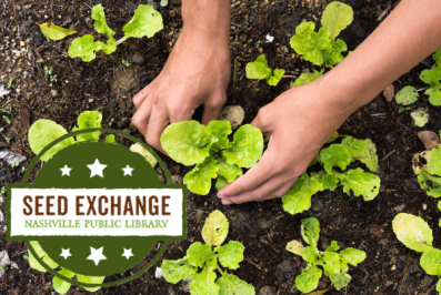 Hands planting a garden with Seed Exchange logo in bottom left.