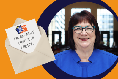NPL Director Terri Luke next to illustration of a card in an envelope with text that reads, "Exciting news about your library ..."