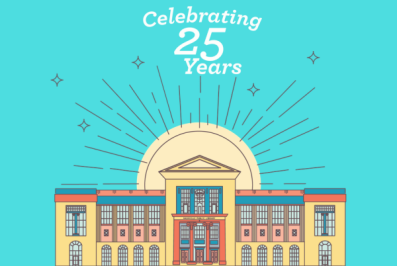 Illustration of the Main Library. Text at top reads "Celebrating 25 Years."