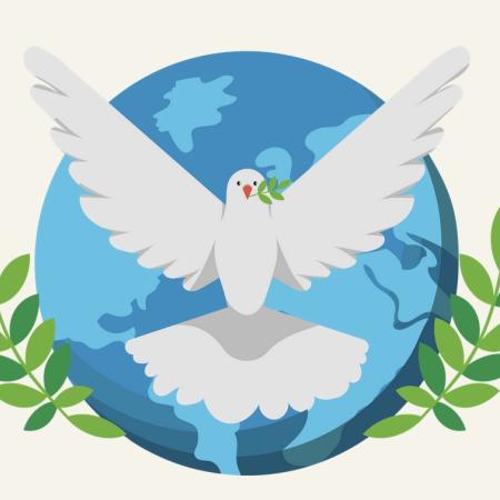 White dove with laurels in front of globe