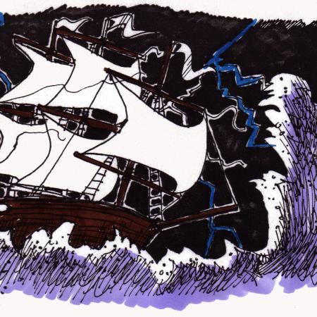 Drawing of storm tossed galleon type ship